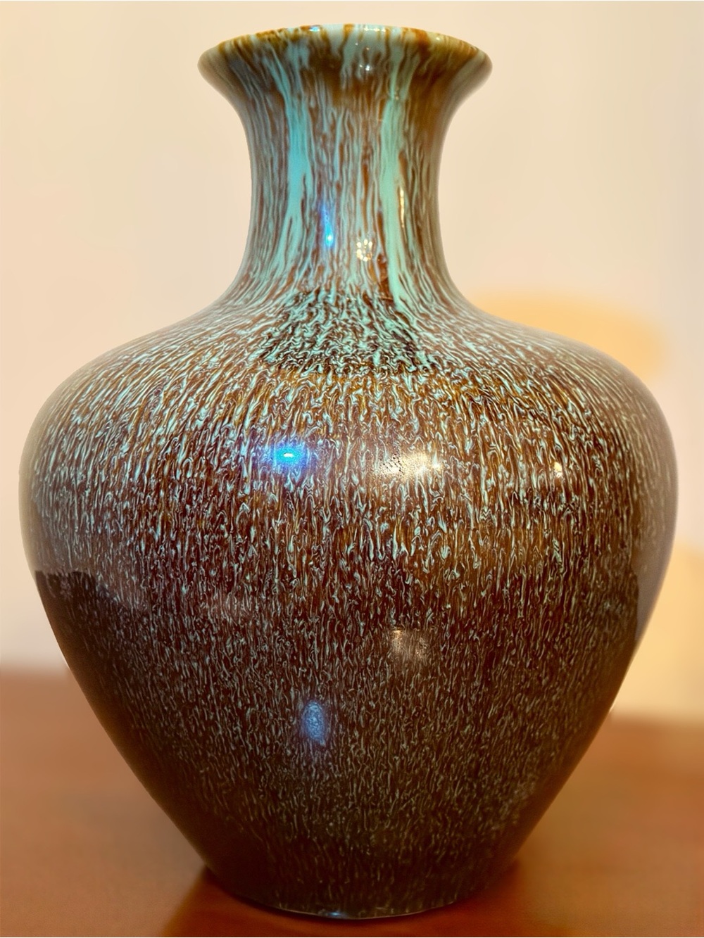 Large Vintage Artisan Pottery Vase MCM Turquoise & Bronze Drip Glaze Stoneware